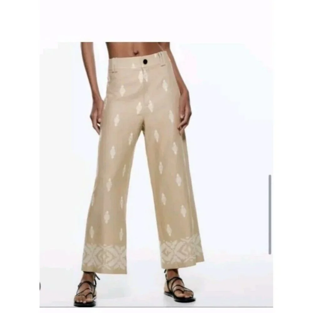 ZARA Linen Blend Embroidered Wide Leg Crop Pants Beige Blogger F 2731 047